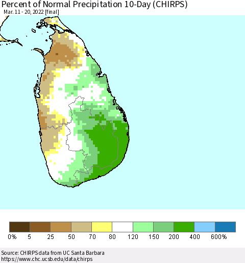 Sri Lanka Percent of Normal Precipitation 10-Day (CHIRPS) Thematic Map For 3/11/2022 - 3/20/2022