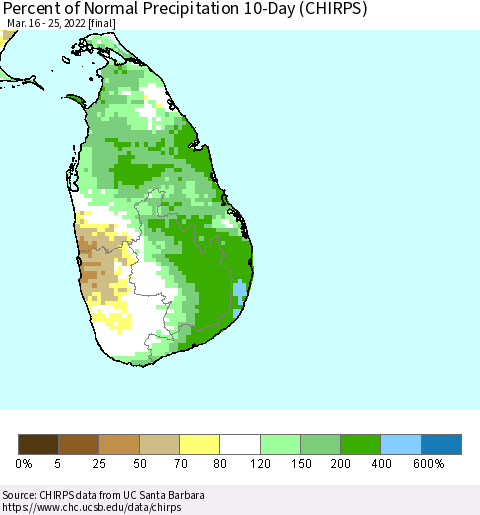 Sri Lanka Percent of Normal Precipitation 10-Day (CHIRPS) Thematic Map For 3/16/2022 - 3/25/2022