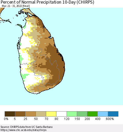 Sri Lanka Percent of Normal Precipitation 10-Day (CHIRPS) Thematic Map For 3/21/2022 - 3/31/2022