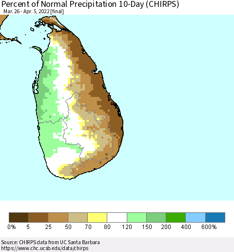 Sri Lanka Percent of Normal Precipitation 10-Day (CHIRPS) Thematic Map For 3/26/2022 - 4/5/2022