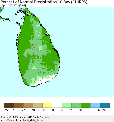Sri Lanka Percent of Normal Precipitation 10-Day (CHIRPS) Thematic Map For 4/1/2022 - 4/10/2022