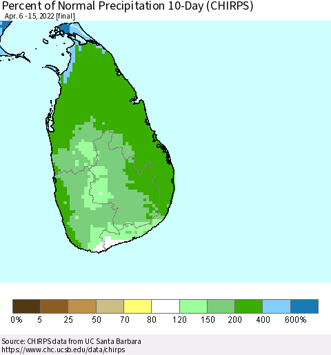 Sri Lanka Percent of Normal Precipitation 10-Day (CHIRPS) Thematic Map For 4/6/2022 - 4/15/2022