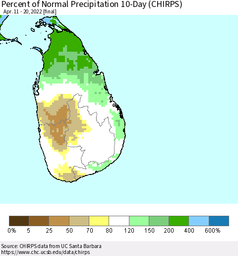 Sri Lanka Percent of Normal Precipitation 10-Day (CHIRPS) Thematic Map For 4/11/2022 - 4/20/2022