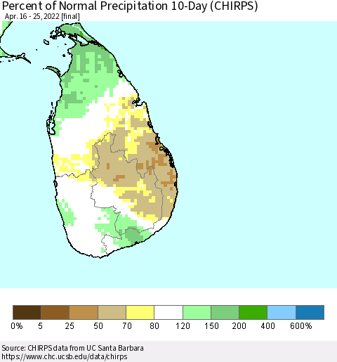 Sri Lanka Percent of Normal Precipitation 10-Day (CHIRPS) Thematic Map For 4/16/2022 - 4/25/2022