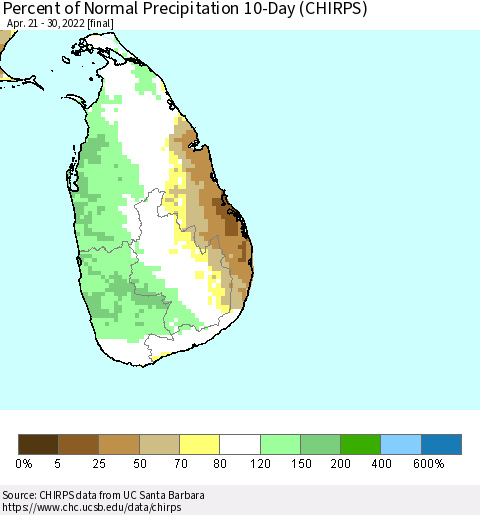 Sri Lanka Percent of Normal Precipitation 10-Day (CHIRPS) Thematic Map For 4/21/2022 - 4/30/2022