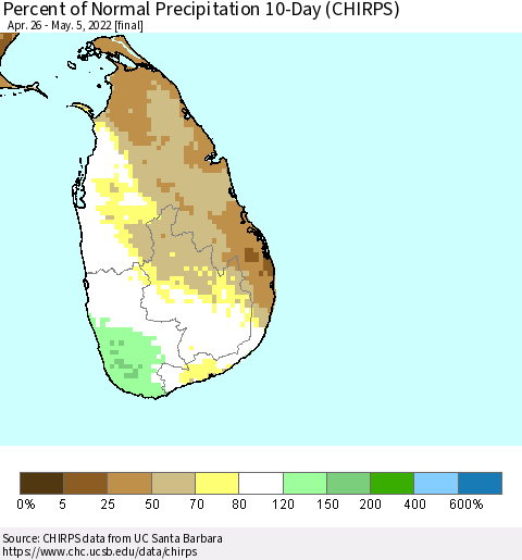 Sri Lanka Percent of Normal Precipitation 10-Day (CHIRPS) Thematic Map For 4/26/2022 - 5/5/2022