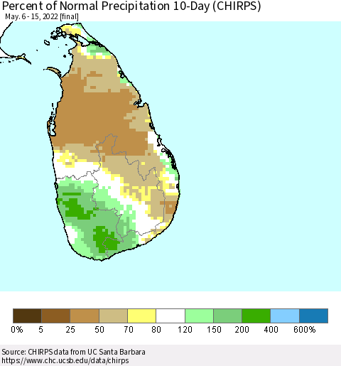 Sri Lanka Percent of Normal Precipitation 10-Day (CHIRPS) Thematic Map For 5/6/2022 - 5/15/2022