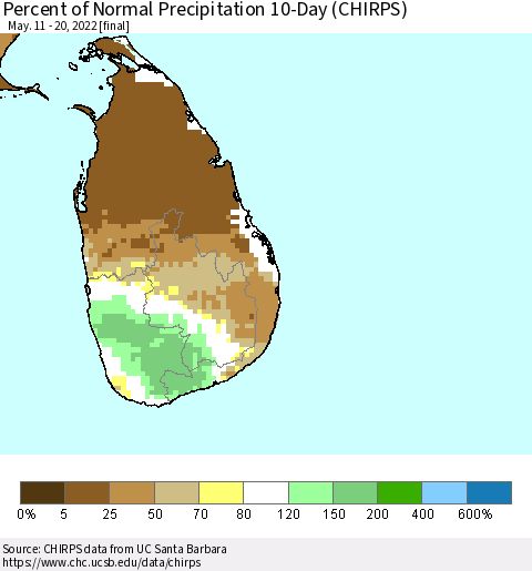Sri Lanka Percent of Normal Precipitation 10-Day (CHIRPS) Thematic Map For 5/11/2022 - 5/20/2022