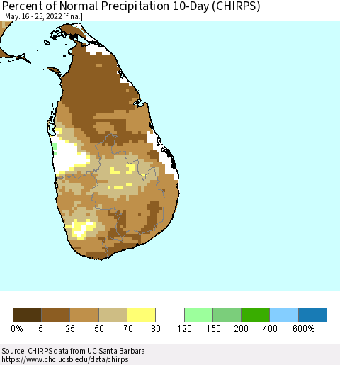 Sri Lanka Percent of Normal Precipitation 10-Day (CHIRPS) Thematic Map For 5/16/2022 - 5/25/2022