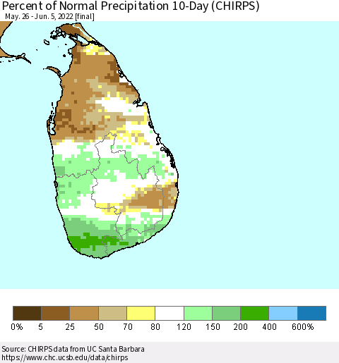 Sri Lanka Percent of Normal Precipitation 10-Day (CHIRPS) Thematic Map For 5/26/2022 - 6/5/2022