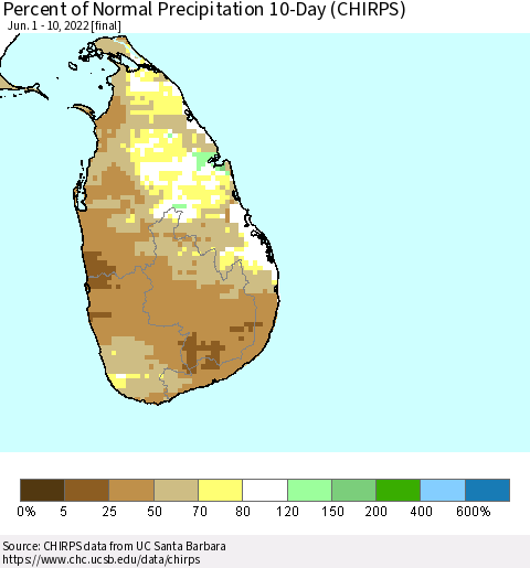Sri Lanka Percent of Normal Precipitation 10-Day (CHIRPS) Thematic Map For 6/1/2022 - 6/10/2022