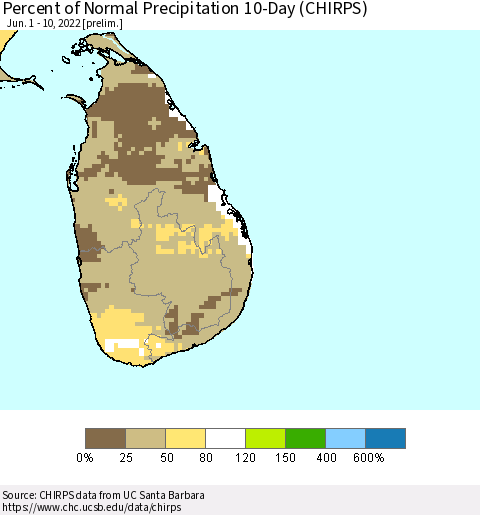 Sri Lanka Percent of Normal Precipitation 10-Day (CHIRPS) Thematic Map For 6/1/2022 - 6/10/2022