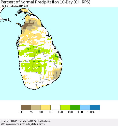 Sri Lanka Percent of Normal Precipitation 10-Day (CHIRPS) Thematic Map For 6/6/2022 - 6/15/2022
