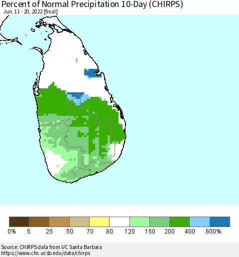 Sri Lanka Percent of Normal Precipitation 10-Day (CHIRPS) Thematic Map For 6/11/2022 - 6/20/2022
