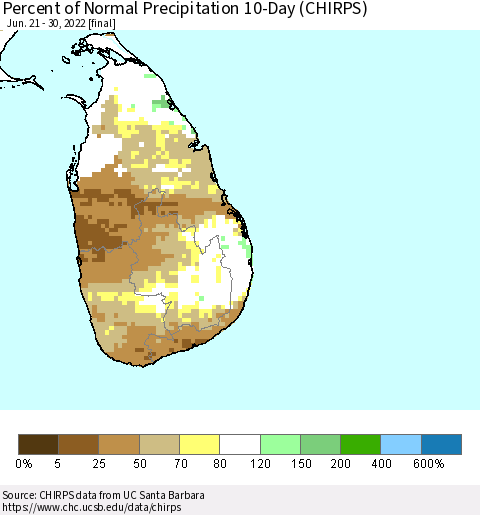 Sri Lanka Percent of Normal Precipitation 10-Day (CHIRPS) Thematic Map For 6/21/2022 - 6/30/2022