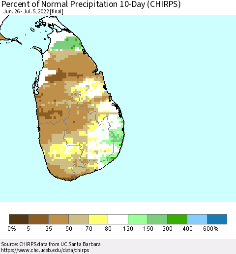 Sri Lanka Percent of Normal Precipitation 10-Day (CHIRPS) Thematic Map For 6/26/2022 - 7/5/2022