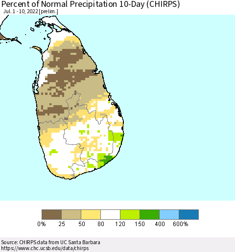 Sri Lanka Percent of Normal Precipitation 10-Day (CHIRPS) Thematic Map For 7/1/2022 - 7/10/2022