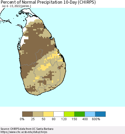 Sri Lanka Percent of Normal Precipitation 10-Day (CHIRPS) Thematic Map For 7/6/2022 - 7/15/2022