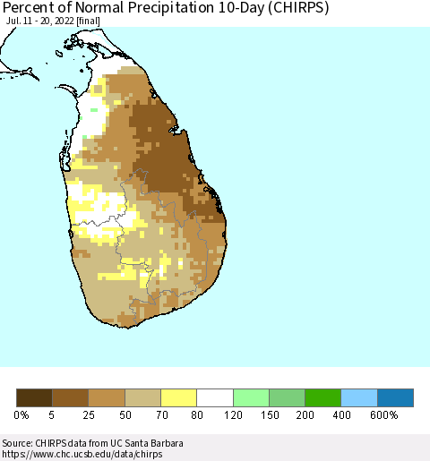 Sri Lanka Percent of Normal Precipitation 10-Day (CHIRPS) Thematic Map For 7/11/2022 - 7/20/2022
