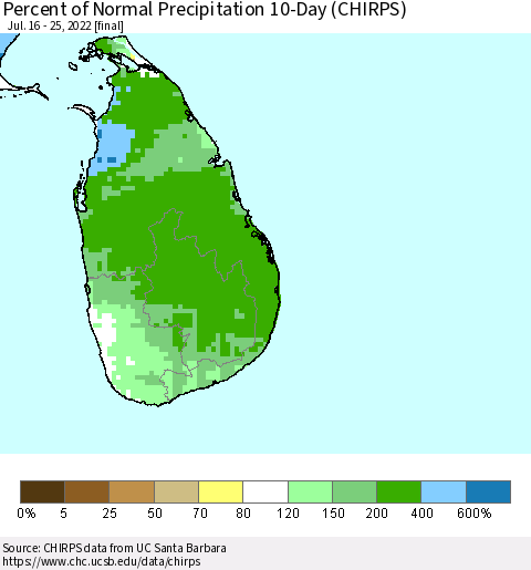 Sri Lanka Percent of Normal Precipitation 10-Day (CHIRPS) Thematic Map For 7/16/2022 - 7/25/2022