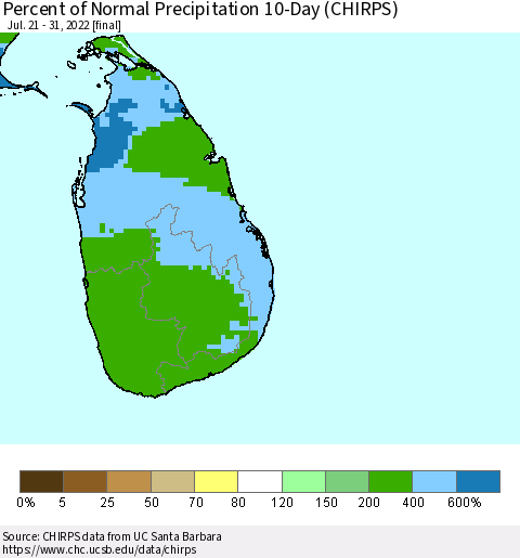 Sri Lanka Percent of Normal Precipitation 10-Day (CHIRPS) Thematic Map For 7/21/2022 - 7/31/2022