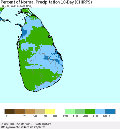 Sri Lanka Percent of Normal Precipitation 10-Day (CHIRPS) Thematic Map For 7/26/2022 - 8/5/2022