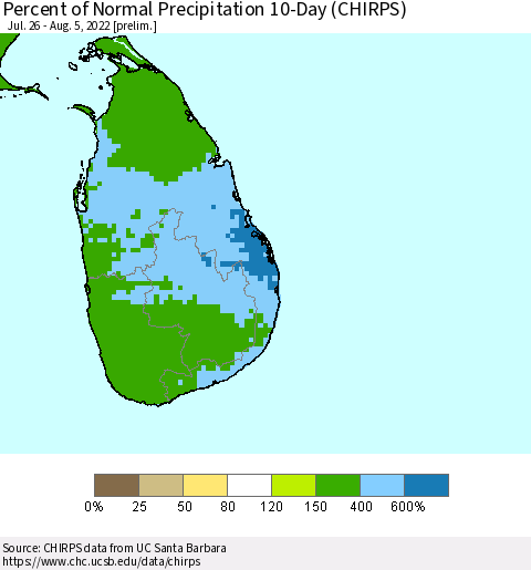 Sri Lanka Percent of Normal Precipitation 10-Day (CHIRPS) Thematic Map For 7/26/2022 - 8/5/2022
