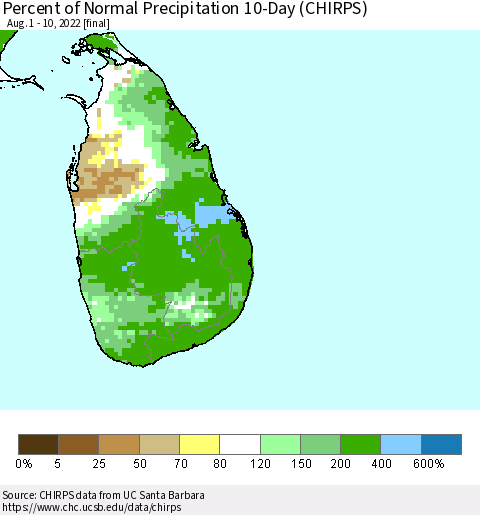 Sri Lanka Percent of Normal Precipitation 10-Day (CHIRPS) Thematic Map For 8/1/2022 - 8/10/2022