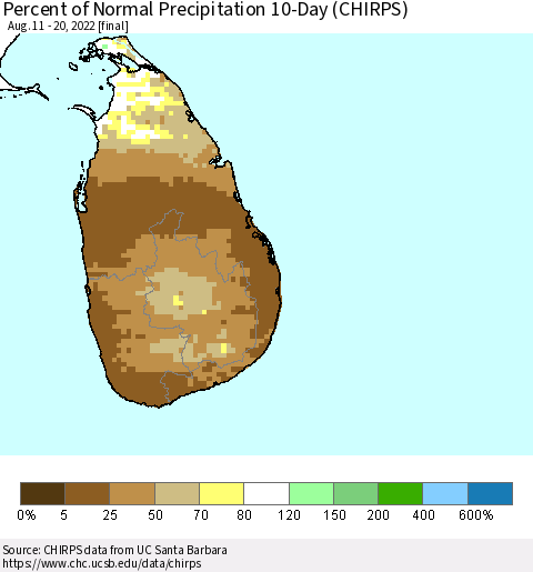 Sri Lanka Percent of Normal Precipitation 10-Day (CHIRPS) Thematic Map For 8/11/2022 - 8/20/2022