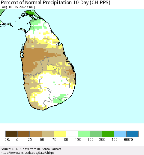 Sri Lanka Percent of Normal Precipitation 10-Day (CHIRPS) Thematic Map For 8/16/2022 - 8/25/2022