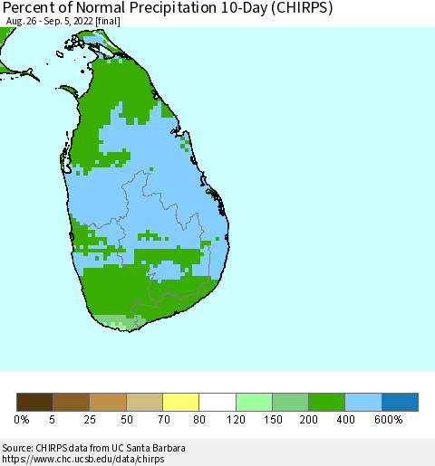 Sri Lanka Percent of Normal Precipitation 10-Day (CHIRPS) Thematic Map For 8/26/2022 - 9/5/2022