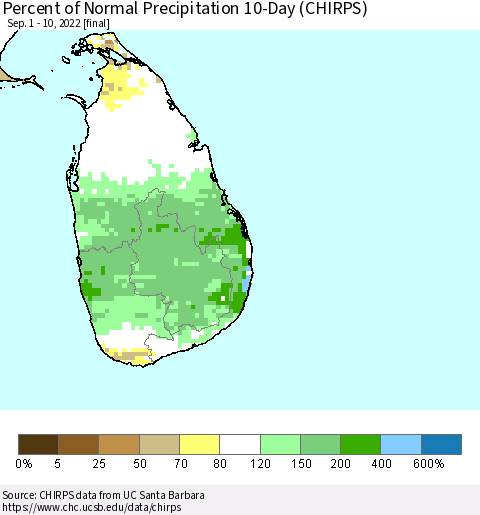 Sri Lanka Percent of Normal Precipitation 10-Day (CHIRPS) Thematic Map For 9/1/2022 - 9/10/2022