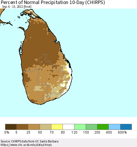 Sri Lanka Percent of Normal Precipitation 10-Day (CHIRPS) Thematic Map For 9/6/2022 - 9/15/2022