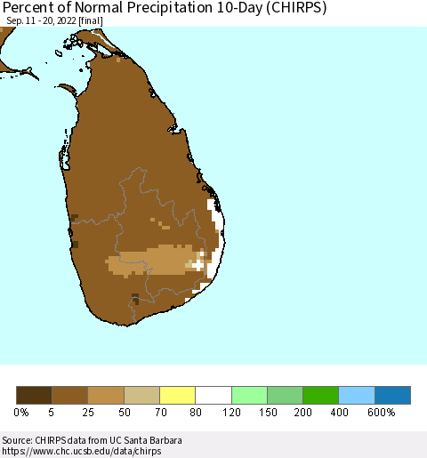 Sri Lanka Percent of Normal Precipitation 10-Day (CHIRPS) Thematic Map For 9/11/2022 - 9/20/2022