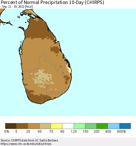 Sri Lanka Percent of Normal Precipitation 10-Day (CHIRPS) Thematic Map For 9/21/2022 - 9/30/2022