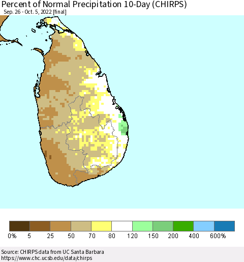 Sri Lanka Percent of Normal Precipitation 10-Day (CHIRPS) Thematic Map For 9/26/2022 - 10/5/2022