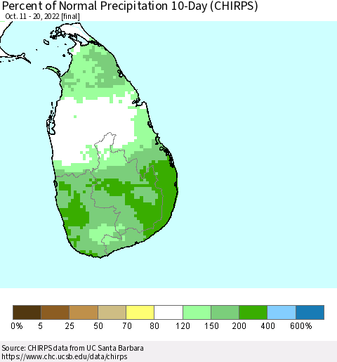 Sri Lanka Percent of Normal Precipitation 10-Day (CHIRPS) Thematic Map For 10/11/2022 - 10/20/2022