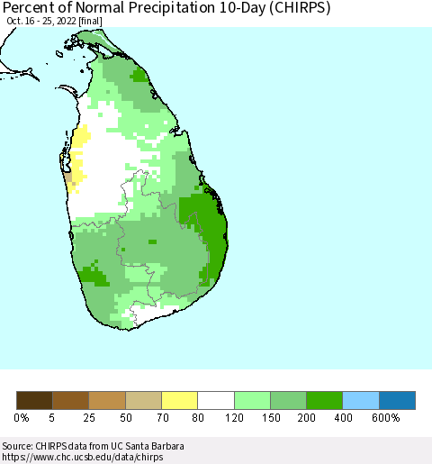Sri Lanka Percent of Normal Precipitation 10-Day (CHIRPS) Thematic Map For 10/16/2022 - 10/25/2022