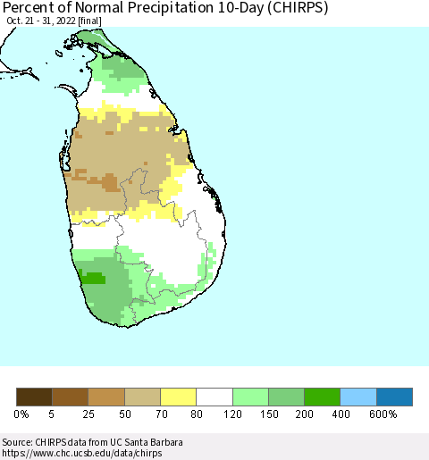 Sri Lanka Percent of Normal Precipitation 10-Day (CHIRPS) Thematic Map For 10/21/2022 - 10/31/2022