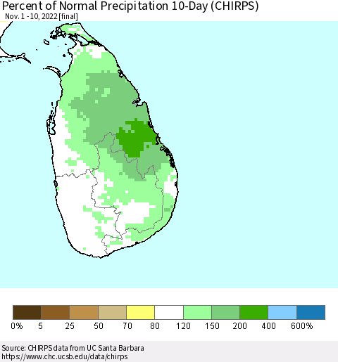 Sri Lanka Percent of Normal Precipitation 10-Day (CHIRPS) Thematic Map For 11/1/2022 - 11/10/2022