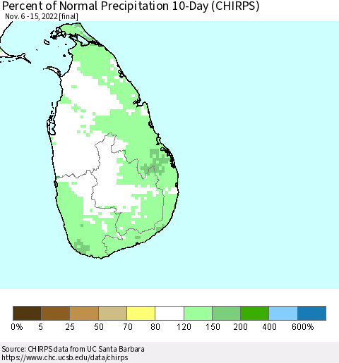 Sri Lanka Percent of Normal Precipitation 10-Day (CHIRPS) Thematic Map For 11/6/2022 - 11/15/2022