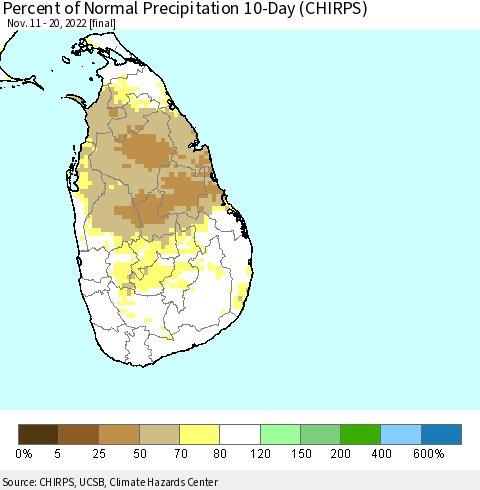 Sri Lanka Percent of Normal Precipitation 10-Day (CHIRPS) Thematic Map For 11/11/2022 - 11/20/2022