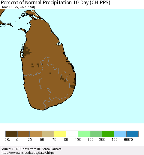 Sri Lanka Percent of Normal Precipitation 10-Day (CHIRPS) Thematic Map For 11/16/2022 - 11/25/2022