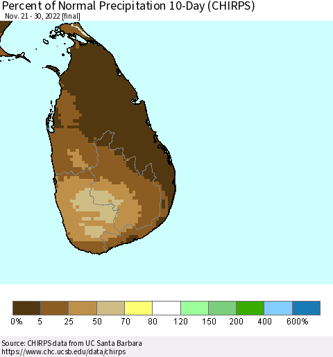 Sri Lanka Percent of Normal Precipitation 10-Day (CHIRPS) Thematic Map For 11/21/2022 - 11/30/2022