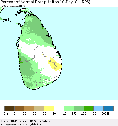 Sri Lanka Percent of Normal Precipitation 10-Day (CHIRPS) Thematic Map For 12/1/2022 - 12/10/2022