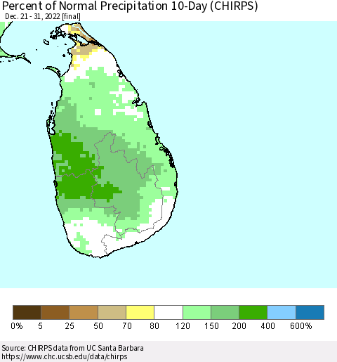 Sri Lanka Percent of Normal Precipitation 10-Day (CHIRPS) Thematic Map For 12/21/2022 - 12/31/2022