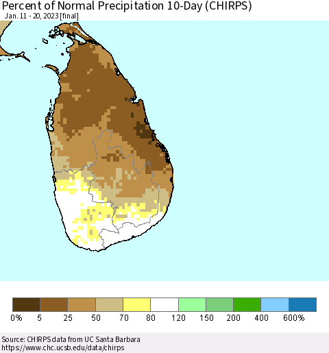 Sri Lanka Percent of Normal Precipitation 10-Day (CHIRPS) Thematic Map For 1/11/2023 - 1/20/2023