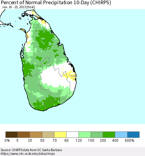 Sri Lanka Percent of Normal Precipitation 10-Day (CHIRPS) Thematic Map For 1/16/2023 - 1/25/2023