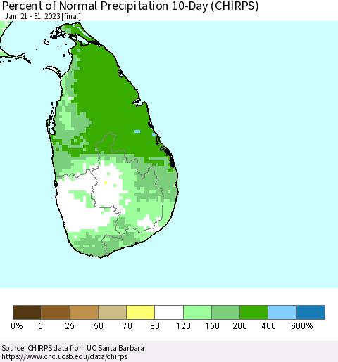 Sri Lanka Percent of Normal Precipitation 10-Day (CHIRPS) Thematic Map For 1/21/2023 - 1/31/2023