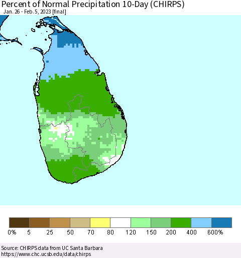 Sri Lanka Percent of Normal Precipitation 10-Day (CHIRPS) Thematic Map For 1/26/2023 - 2/5/2023